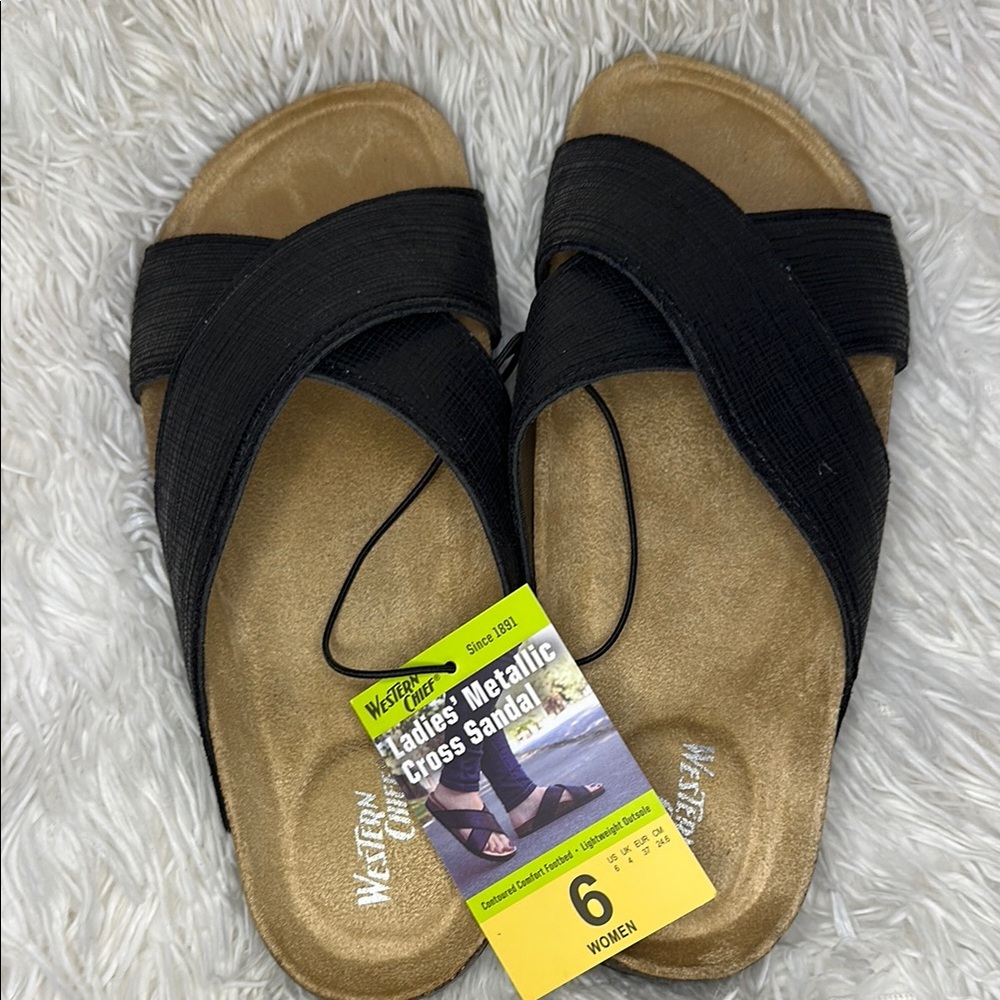 Western Chief Black and Tan Cross Sandals